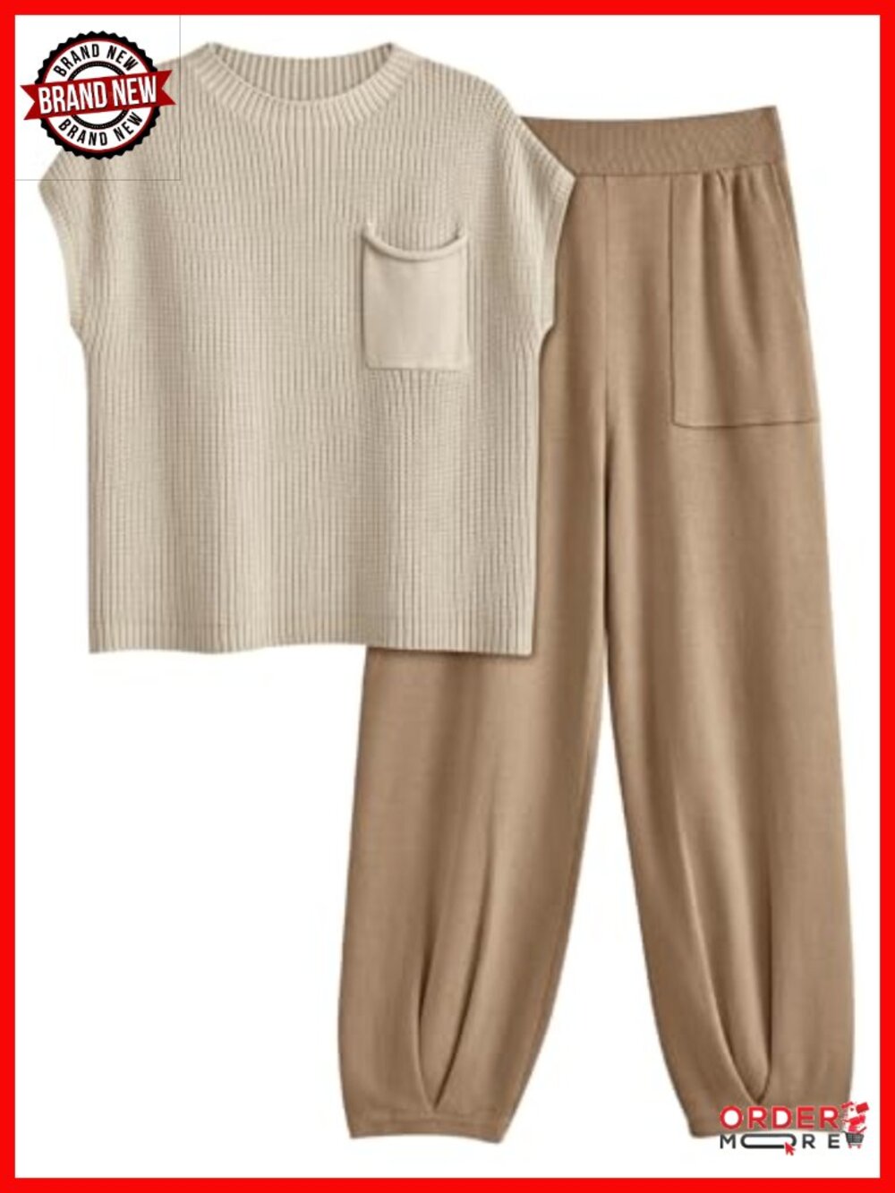 Womens 2 Piece Cotton Knit Lounge Set Sweatsuit Top & Pants Travel